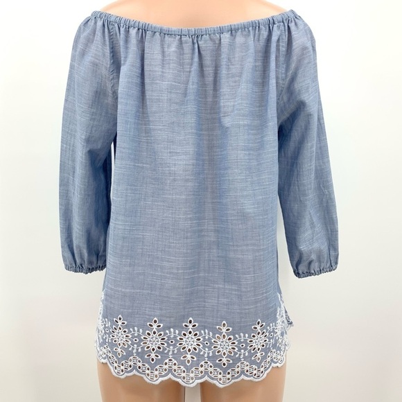 NWT NYDJ Cotton Eyelet Embroidered Blue Chambray Top XS - Picture 2 of 11